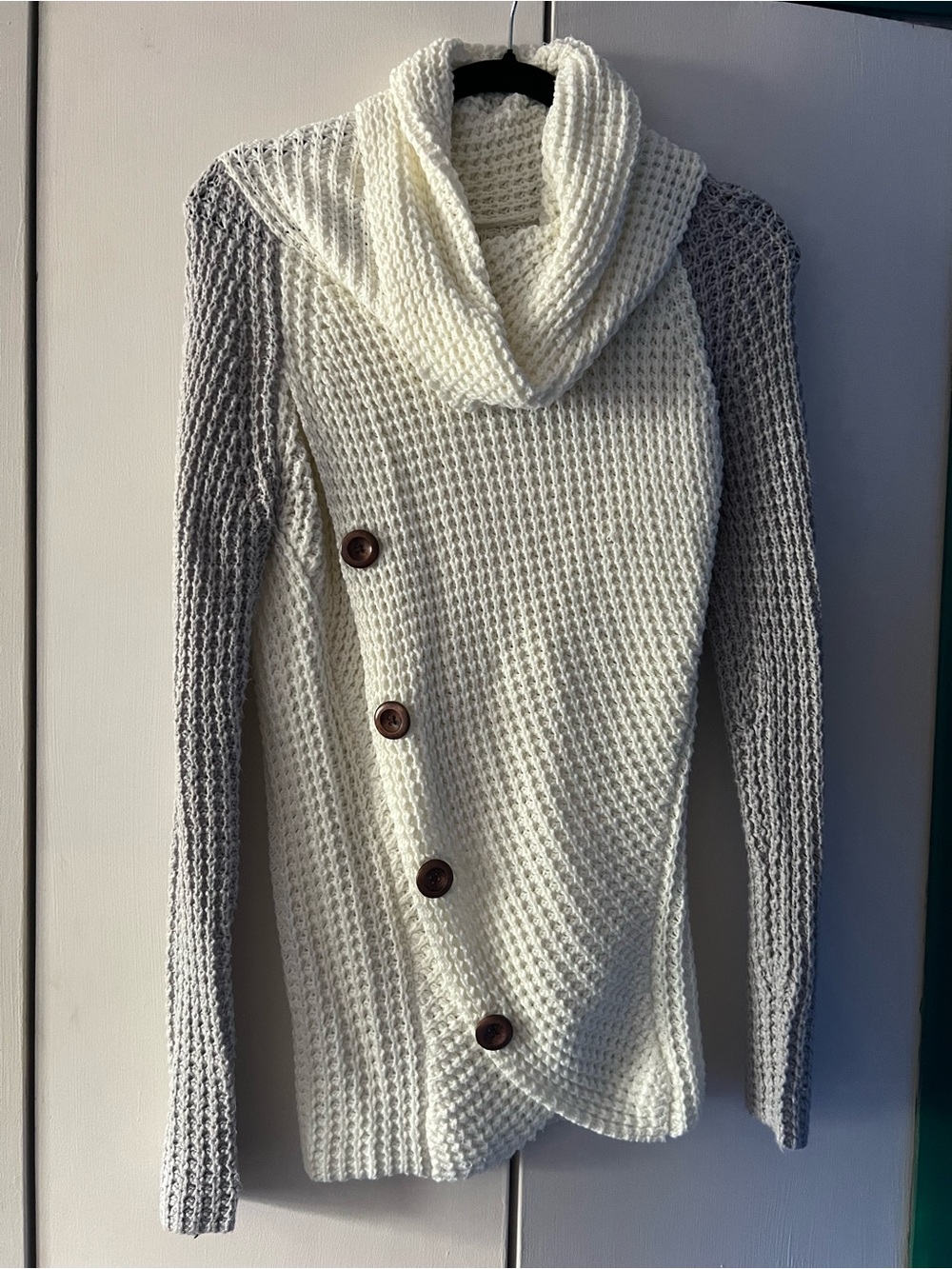 Amazon Cream & Gray Waffle Knit Asymmetric Cowl Neck Sweater